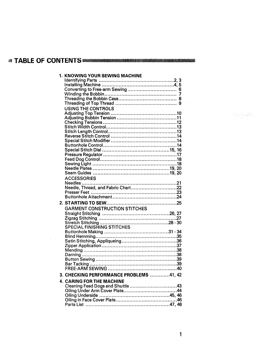 Kenmore 1641, 1940, 1941, 1625, 1430, 1431 manual Table of Contents 