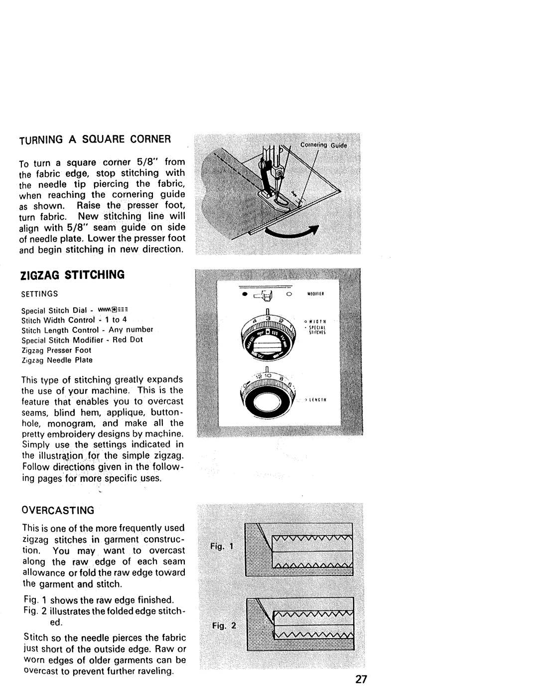 Kenmore 1430, 1940, 1941, 1641, 1625, 1431 manual Zigzag Stitching, Turning a Square Corner 