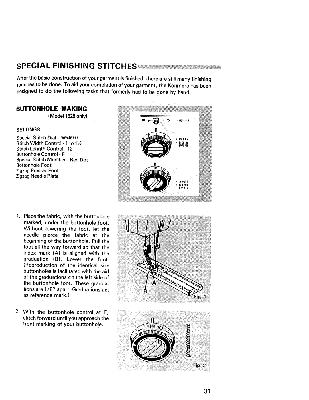 Kenmore 1641, 1940, 1941, 1430, 1431 manual Buttonhole Making, Model 1625 only 