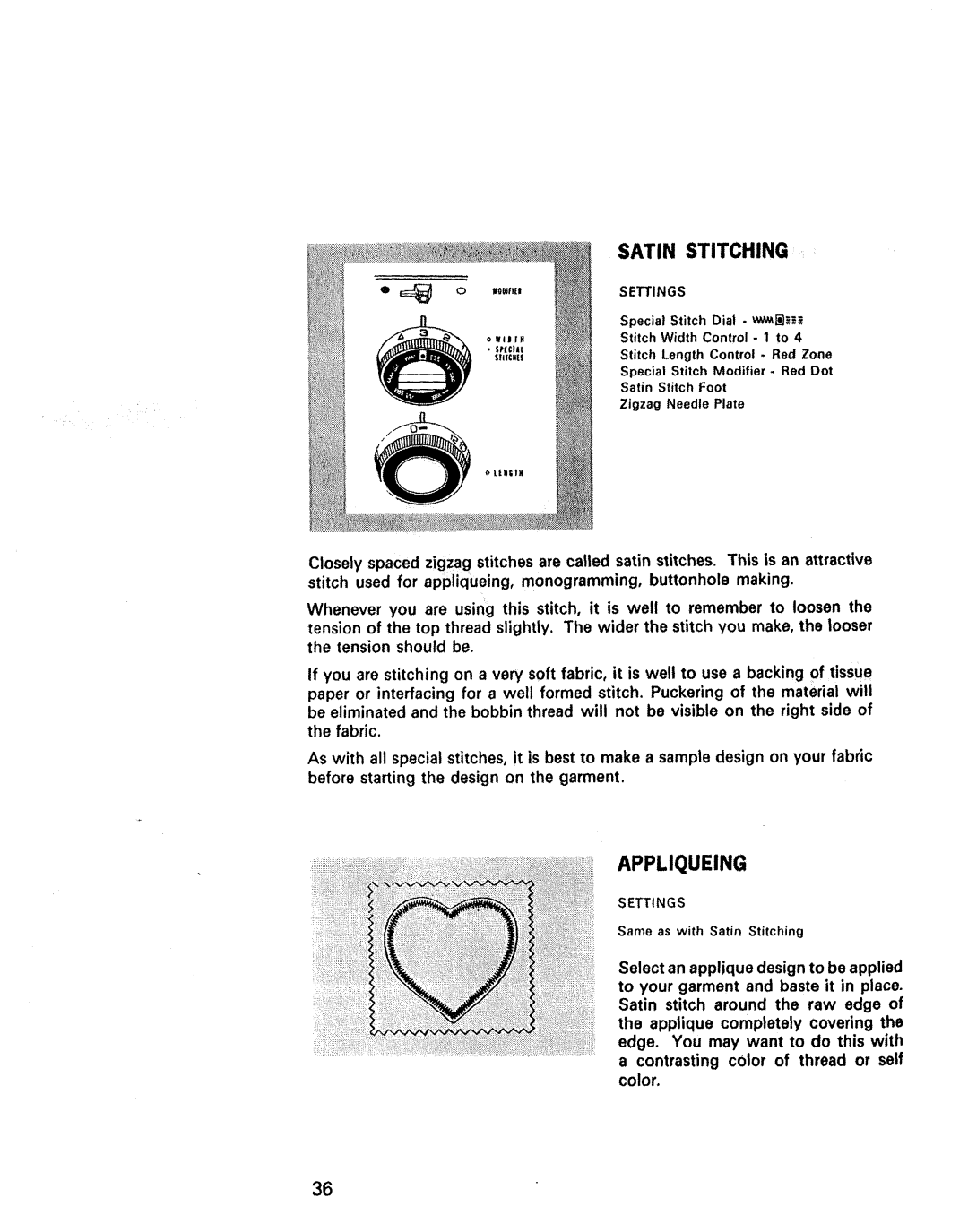 Kenmore 1941, 1940, 1641, 1625, 1430, 1431 manual Satin Stitching, Appliqueing 