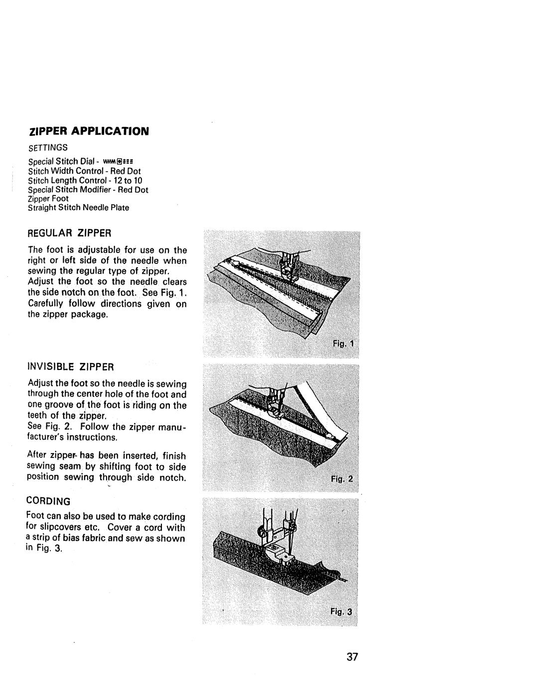 Kenmore 1641, 1940, 1941, 1625, 1430, 1431 manual Zipper Application 