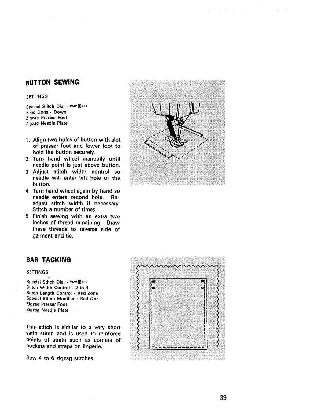 Kenmore 1430, 1940, 1941, 1641, 1625, 1431 manual Button Sewing, BAR Tacking 