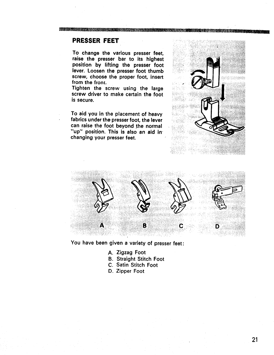 Kenmore 1660, 1947, 1357 manual Presser Feet 