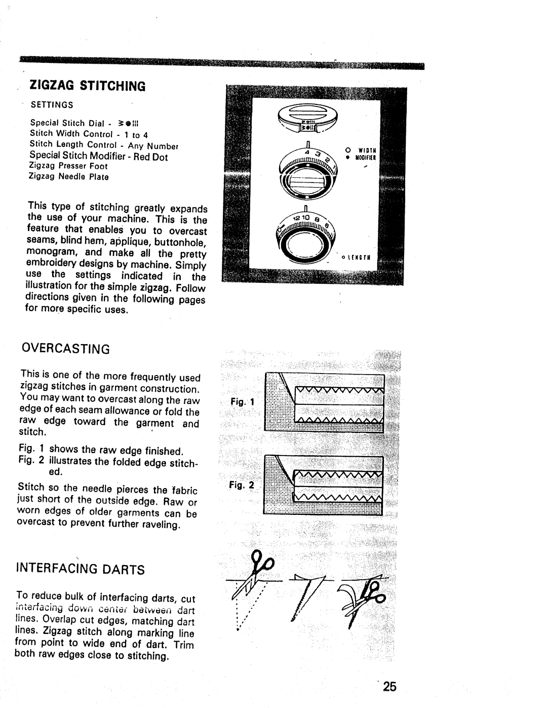 Kenmore 1357, 1947, 1660 manual Zigzag Stitching, Overcasting, Interfacing Darts 