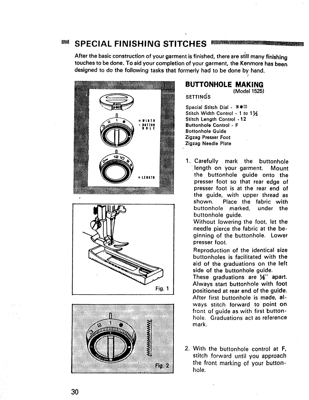 Kenmore 1660, 1947, 1357 manual Special Finishing Stitches, Buttonhole Making 