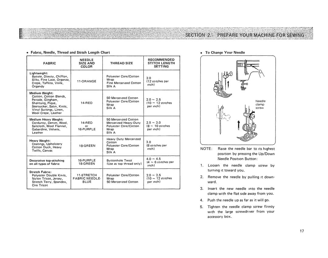 Kenmore 19501 manual = Fabric, Needle, Thread and Stitch Length Chart, To Change Your Needle 