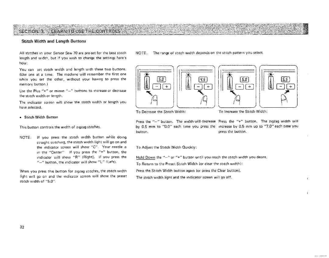 Kenmore 19501 manual Stitch Width and Length Buttons, Stitch Width Button, Increase 