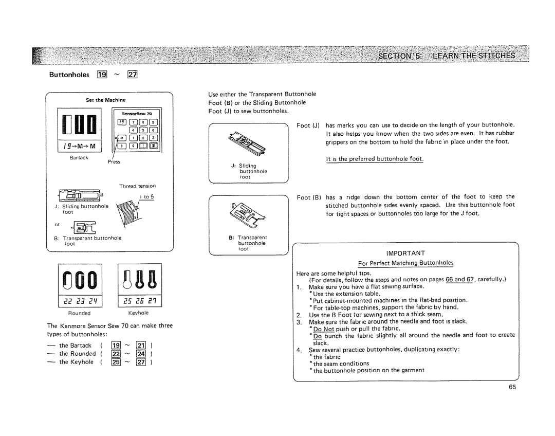 Kenmore 19501 manual Buttonholes, 22 23 2L 25 2 2q 