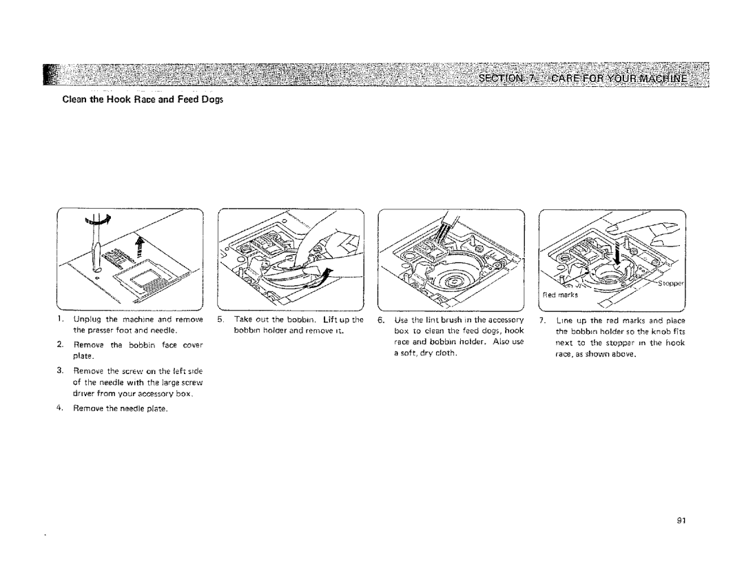 Kenmore 19501 manual Clean the Hook Race and Feed Dogs 