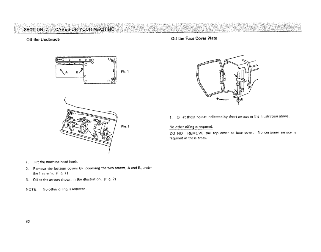 Kenmore 19501 manual Oil the Underside Oil the Face Cover Plate, Do not Remove 