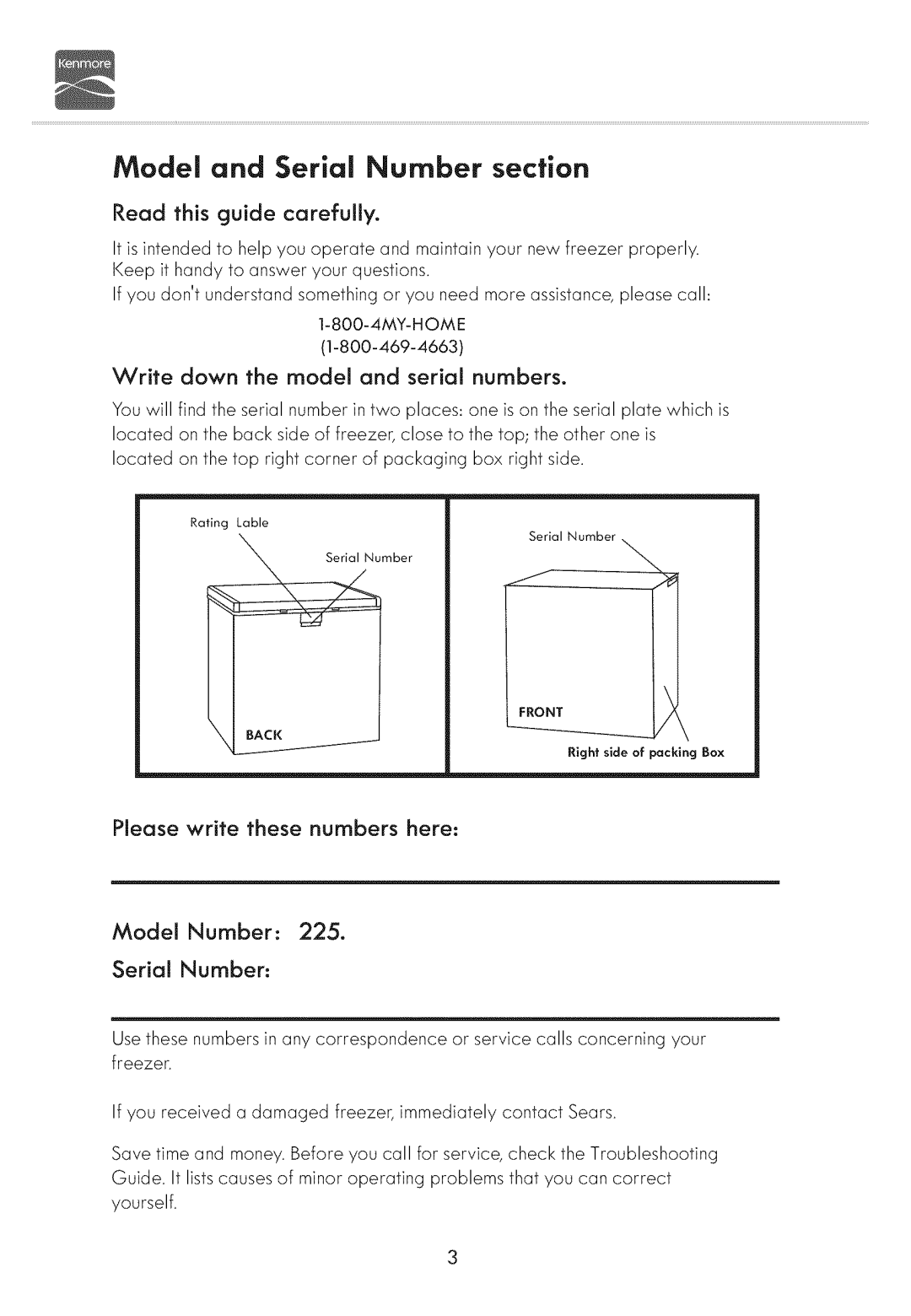 Kenmore 19502, 19702 manual Model and Serial Number section, Please write these numbers here Model Number Serial Number 