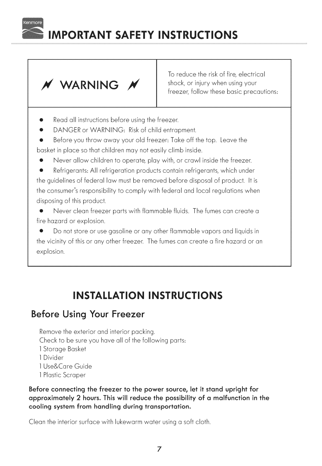 Kenmore 19502, 19702 manual IMPORTANT Safety Instructions, Before Using Your Freezer 