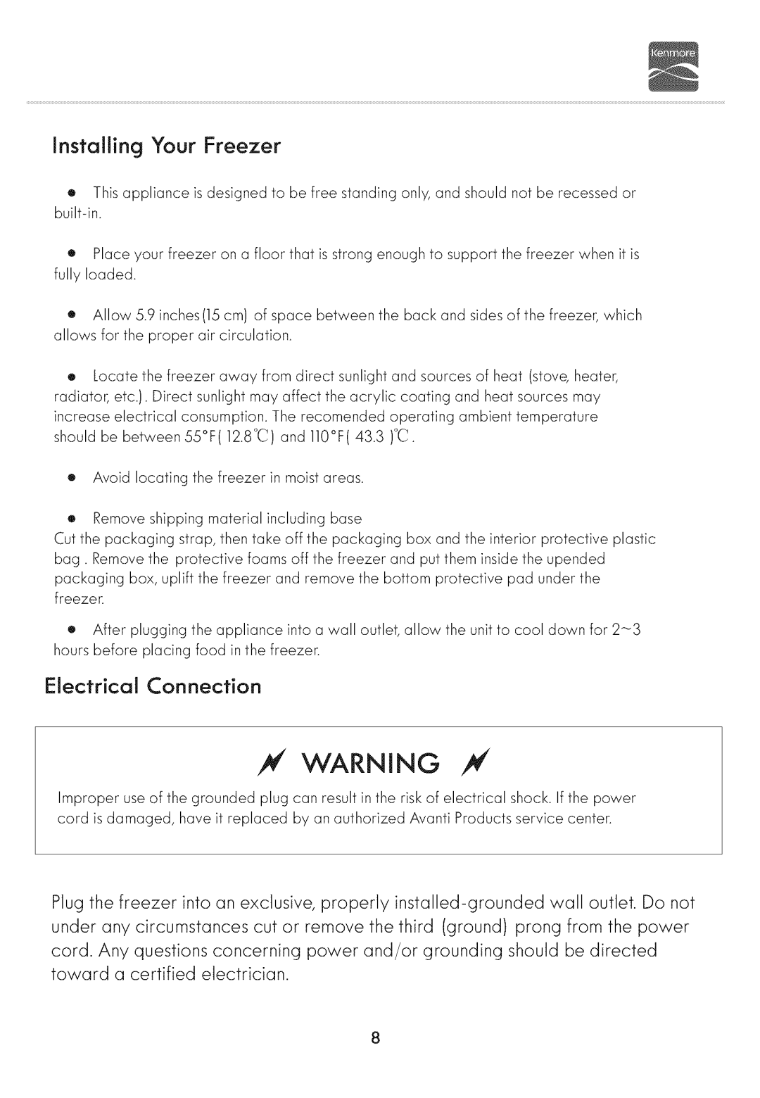 Kenmore 19702, 19502 manual Installing Your Freezer, Electrical Connection 