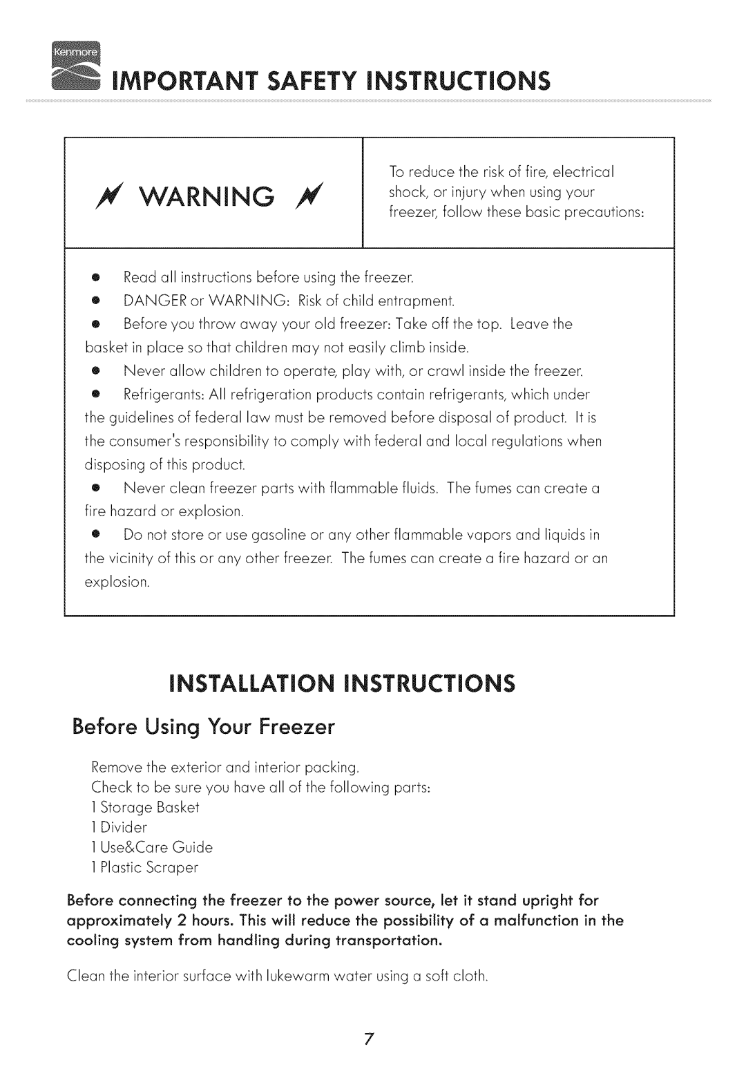 Kenmore 19502, 19702 manual iMPORTANT SAFETY INSTRUCTIONS, iNSTALLATiON iNSTRUCTiONS, Before Using Your Freezer 