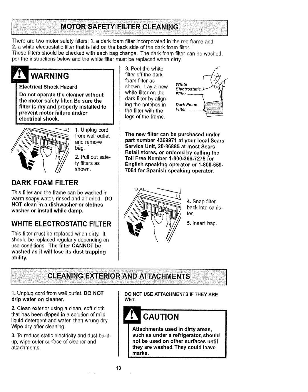 Kenmore 1T6.29429 manual Dark Foam Filter, White Electrostatic Filter, Ing 