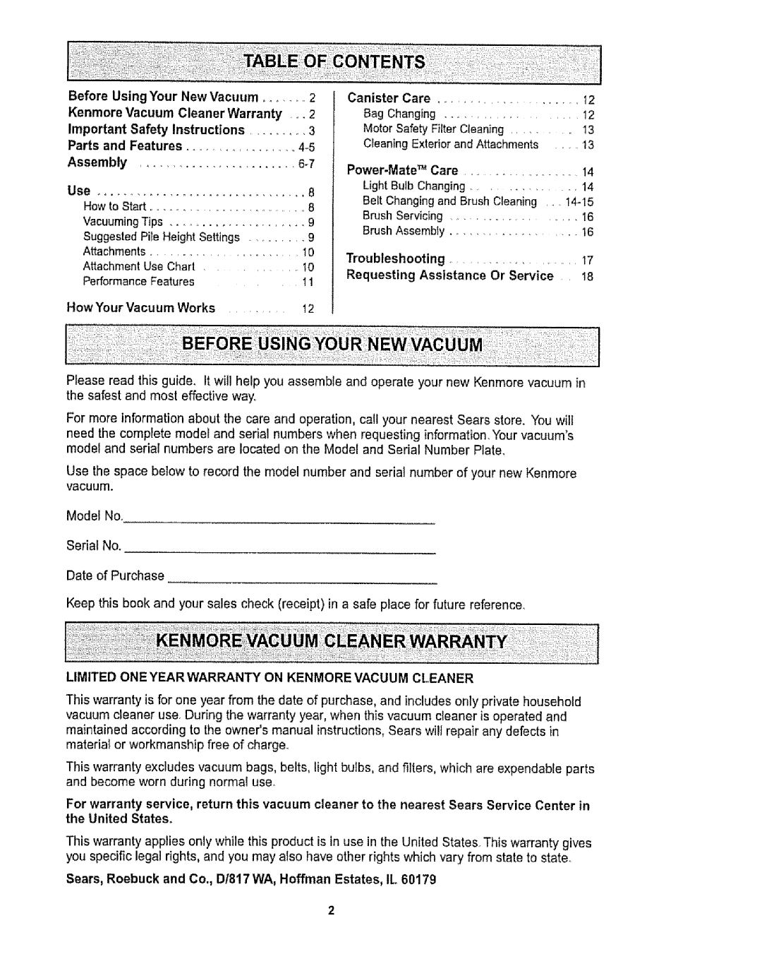 Kenmore 1T6.29429 manual Features, Assembly, Power-Mate, Requesting Assistance Or Service 