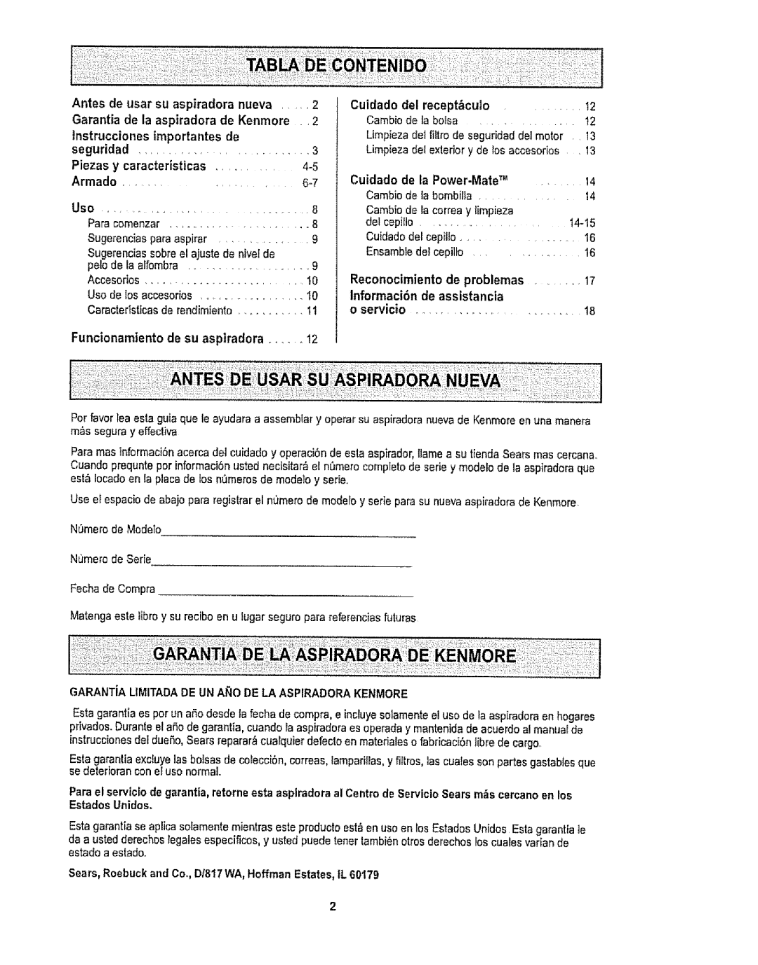 Kenmore 1T6.29429 manual Antes de usar su aspiradora nueva, Garantia de la aspiradora De Kenmore, Tnstrucciones Importantes 