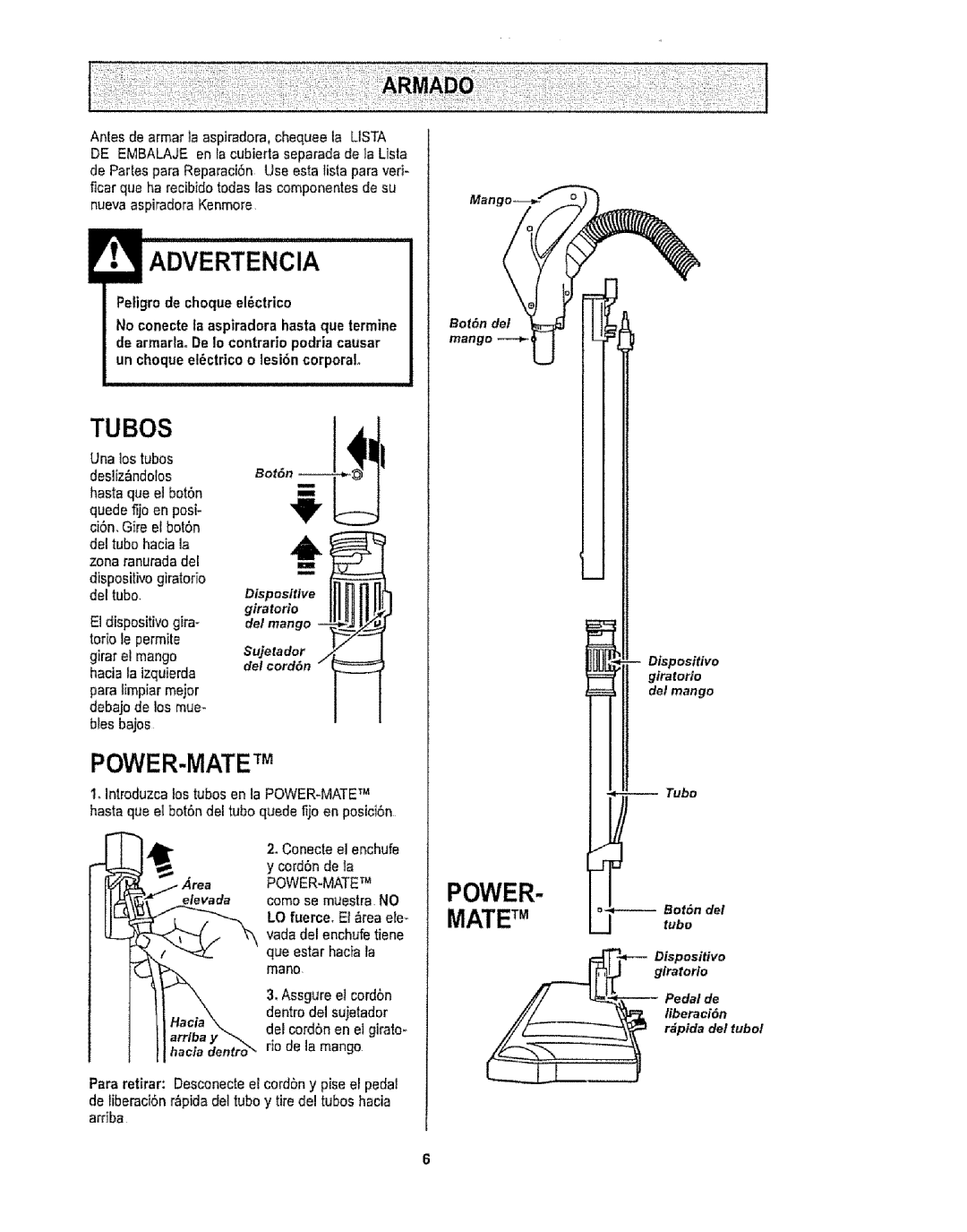 Kenmore 1T6.29429 manual Advertencia, Power, Nueva aspiradora Kenmore, Petigrode choque elctrico, Assgure el cord6n 