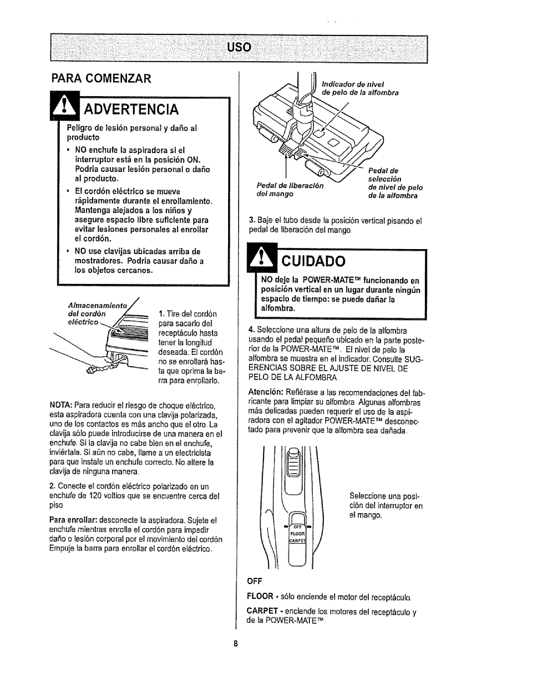 Kenmore 1T6.29429 Tfre del cord6n para sacadodel recept&culobasra, Erenciassobre EL Ajuste DE Nivel DE Pelo DE LA Alfombra 