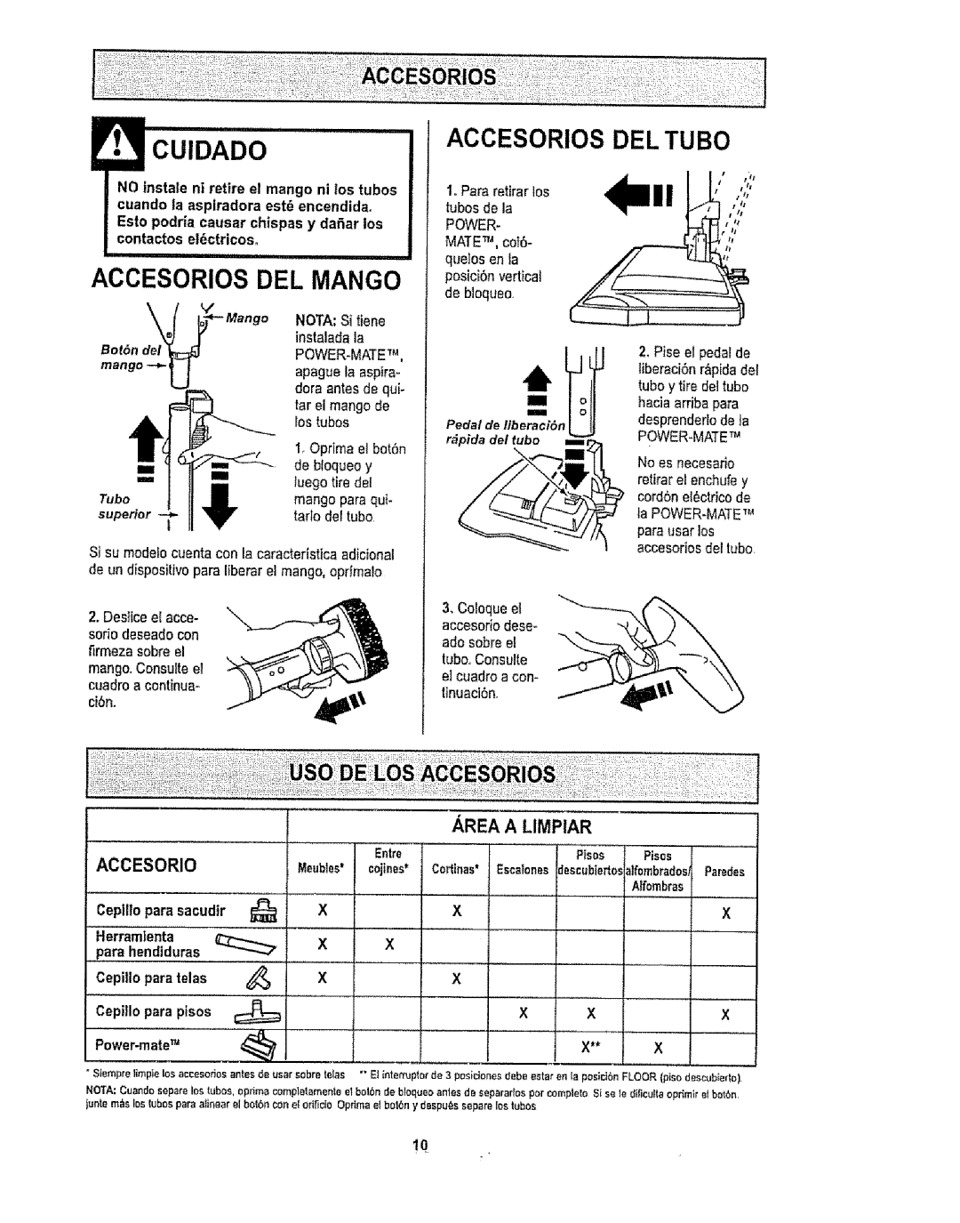 Kenmore 1T6.29429 manual Cuidado, Accesorios DEL Mango 