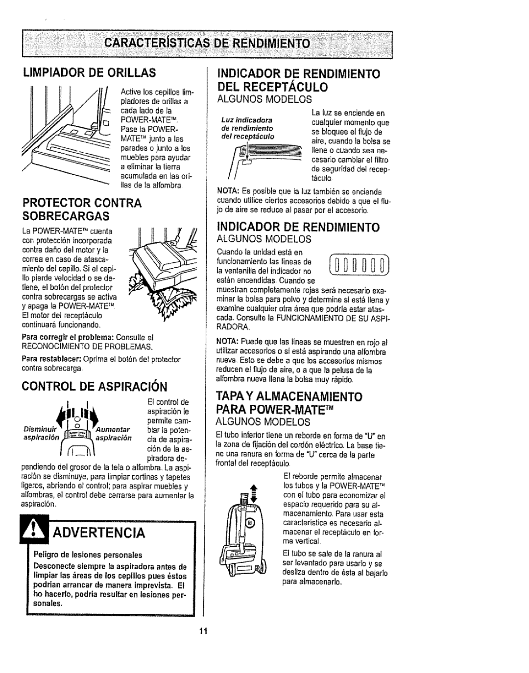 Kenmore 1T6.29429 manual Sobrecargas, Tapay Almacenamiento Para POWER-MATETM, Indicador DE Rendimiento, Aspiraci6nIe 