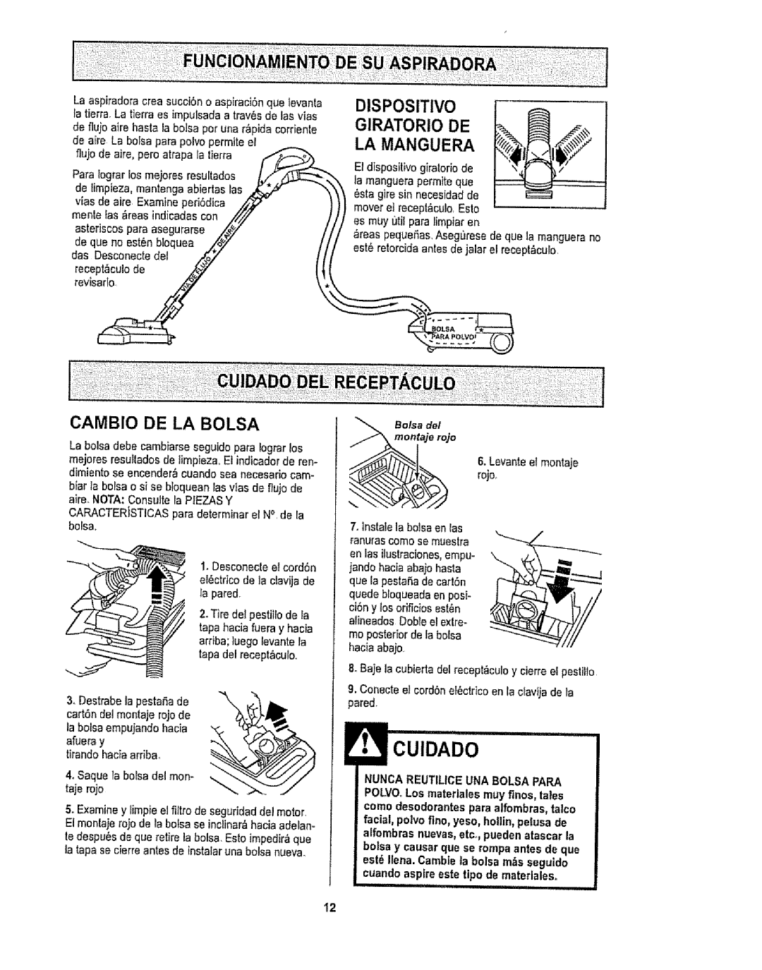 Kenmore 1T6.29429 manual Dispositivo Giratorio DE LA Manguera, Cambio DE LA Bolsa 