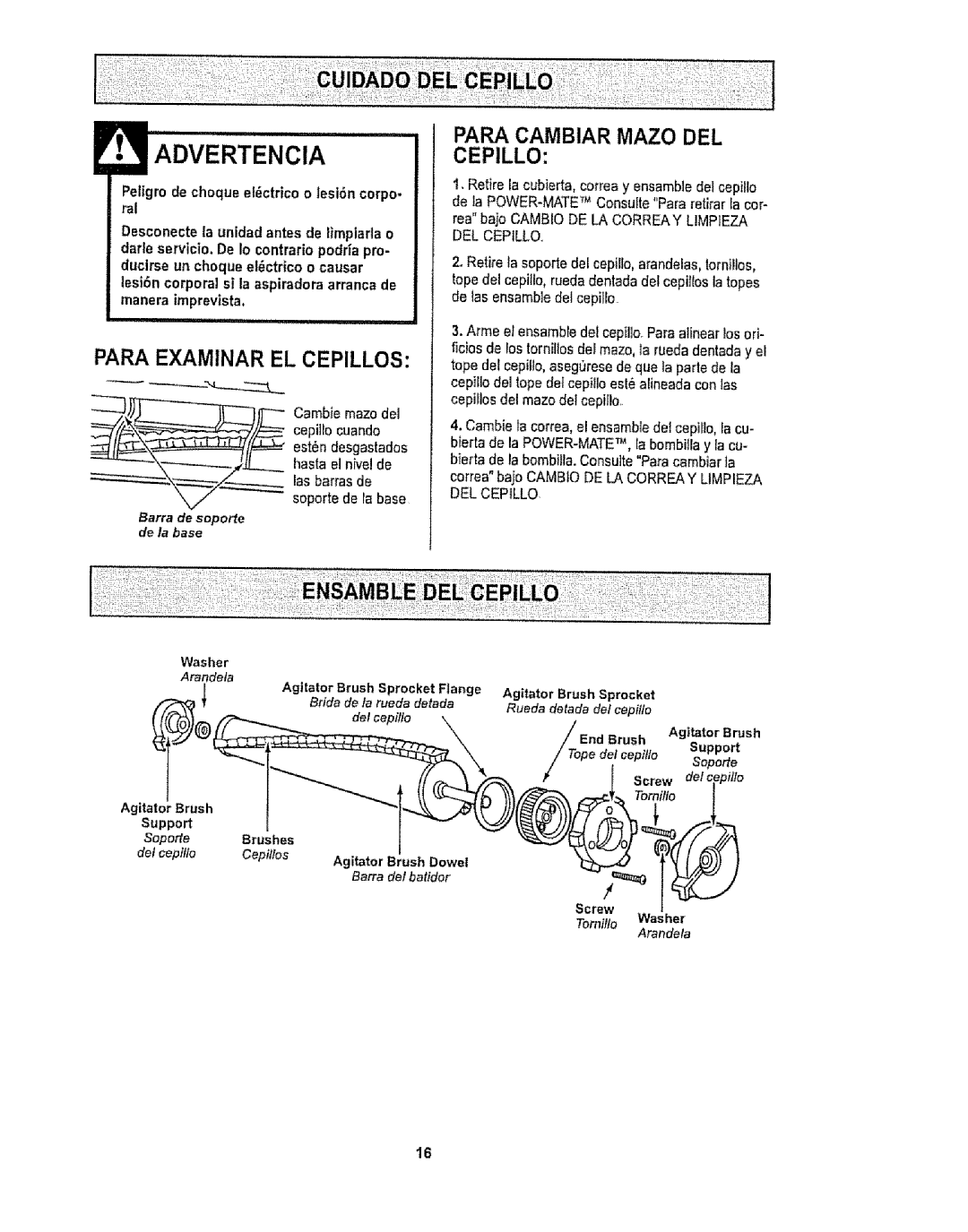 Kenmore 1T6.29429 manual Para Examinar EL Cepillos, Para Cambiar Mazo DEL Cepillo, Screw 