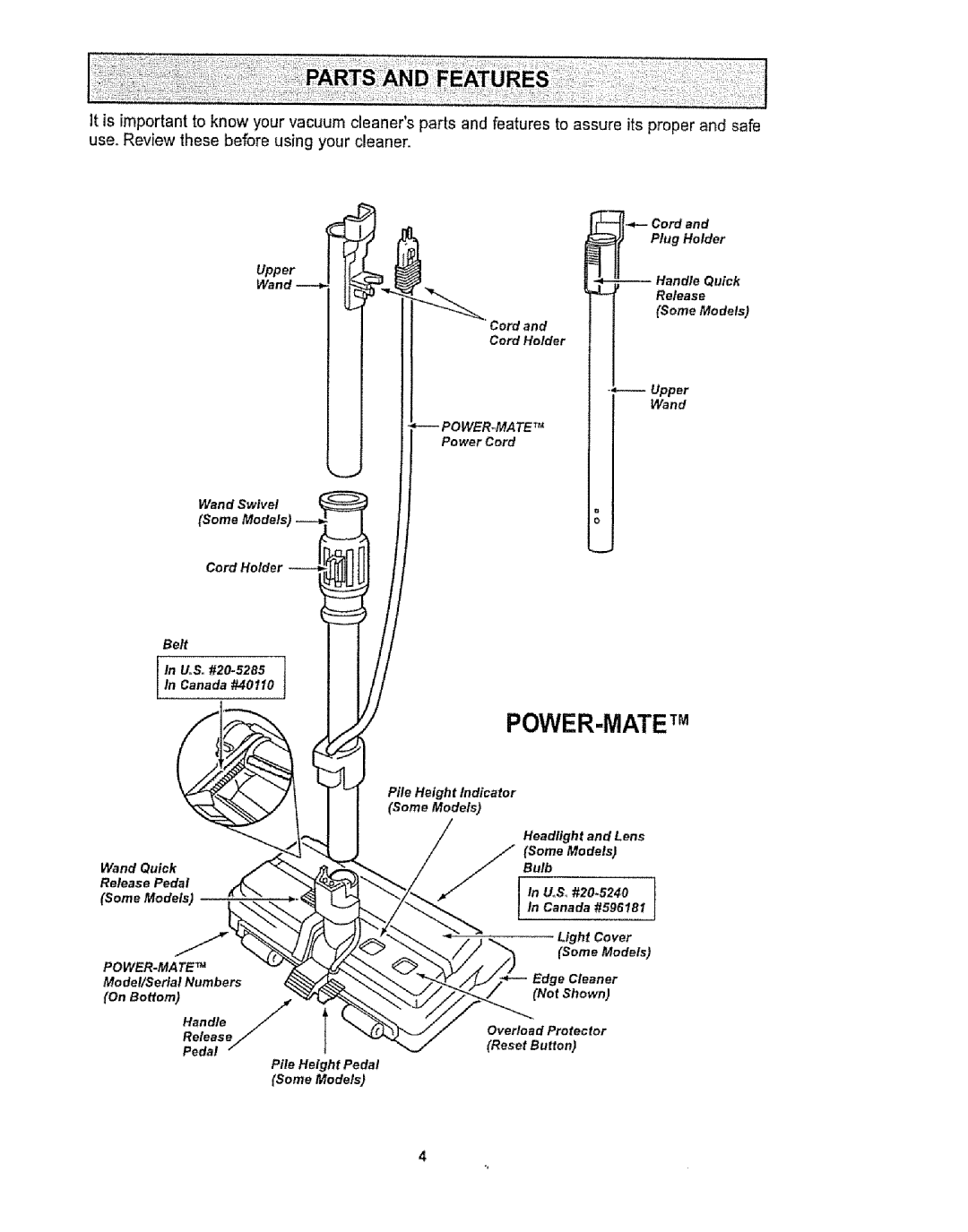 Kenmore 1T6.29429 manual Power-Matetm, Pile Height Indicator Some Models Headlight and Lens Bulb 