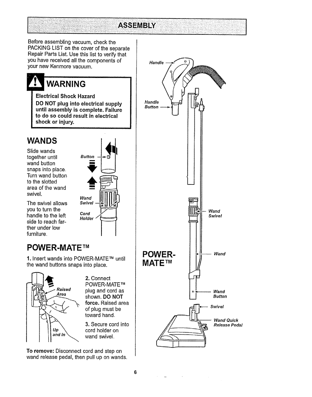 Kenmore 1T6.29429 manual Wands, Connect, Power-Mate 