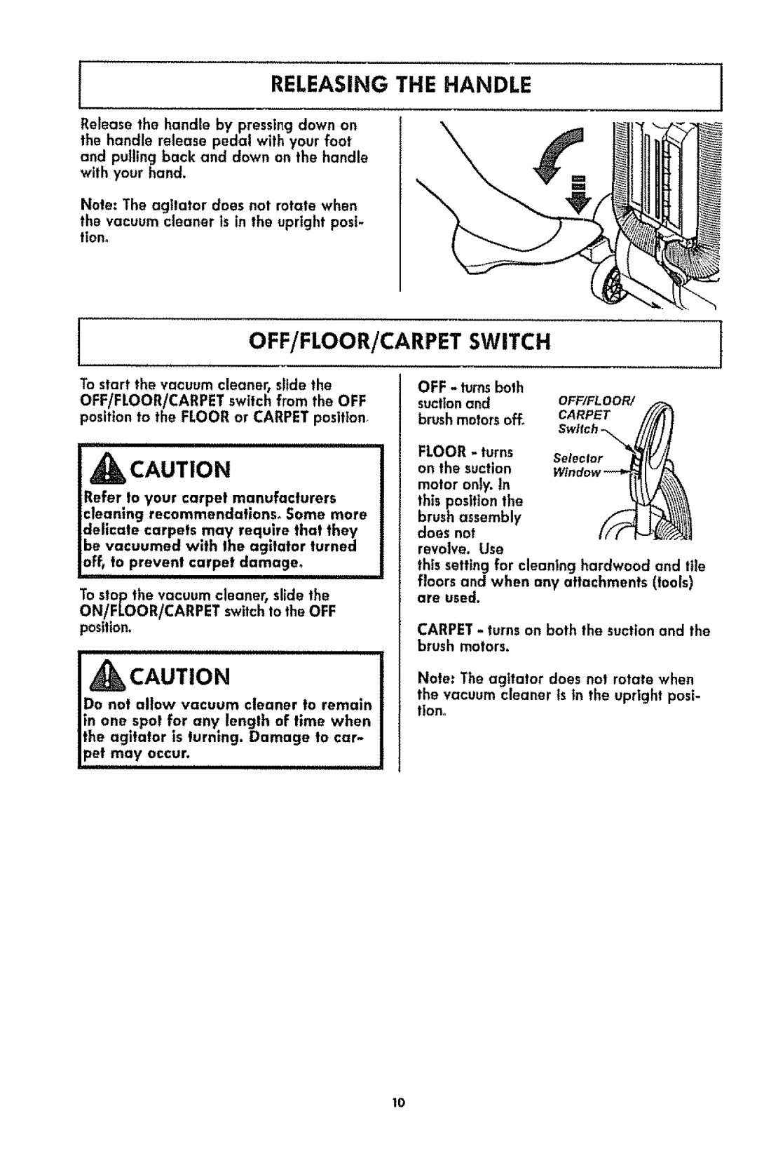 Kenmore 1T6.31100 manual Releasing the Handle, OFF/FLOOR/CARPET Switch, Seleclor 