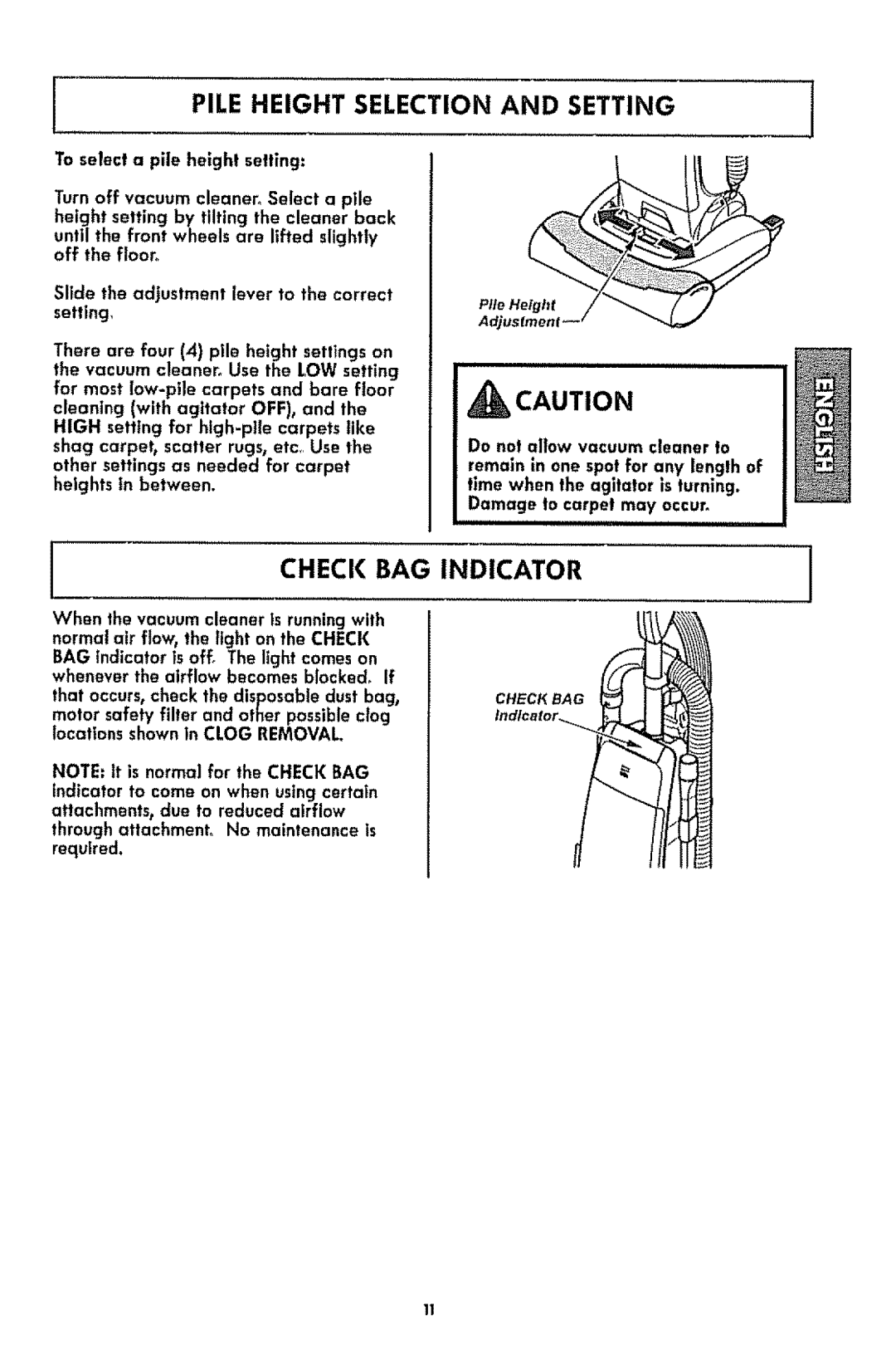 Kenmore 1T6.31100 manual Pile Height Selection and Setting, Check BAG Indicator, Adjustment 