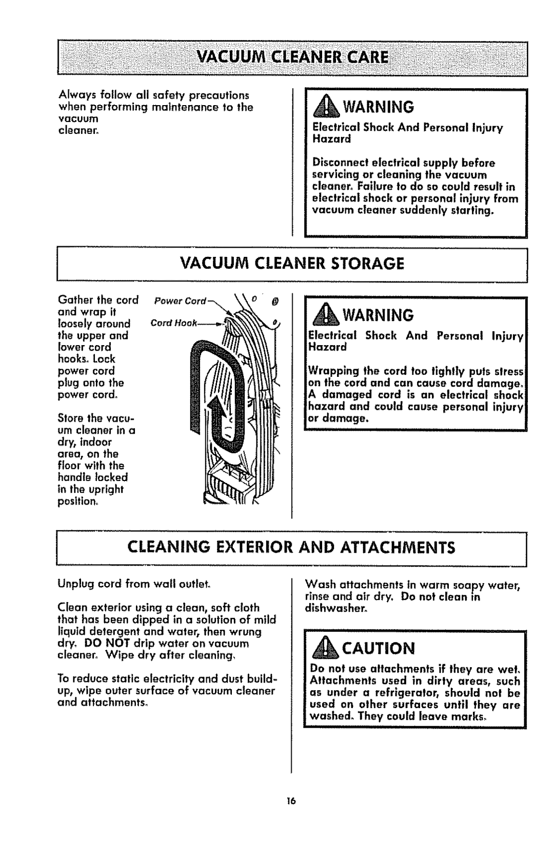 Kenmore 1T6.31100 manual Vacuum Cleaner Storage, Cleaning Exterior and Attachments 