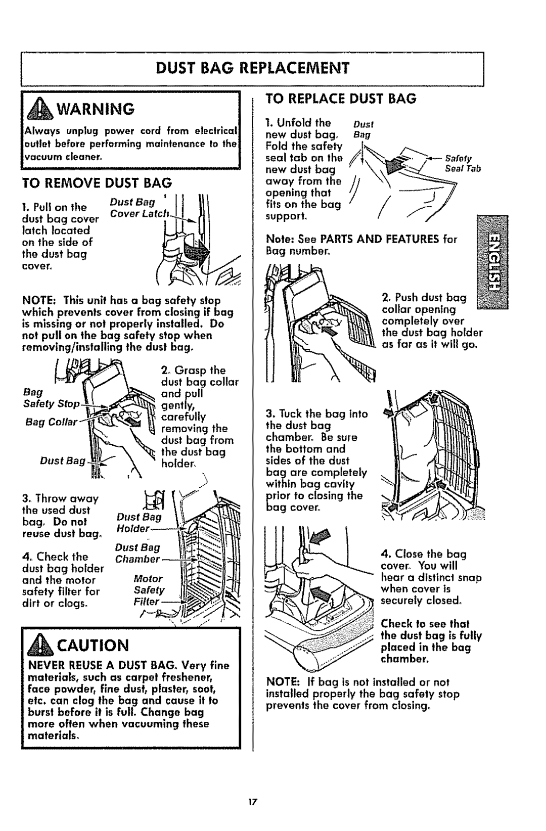 Kenmore 1T6.31100 manual Dust BAG Replacement, To Replace Dust BAG, To Remove Dust BAG 