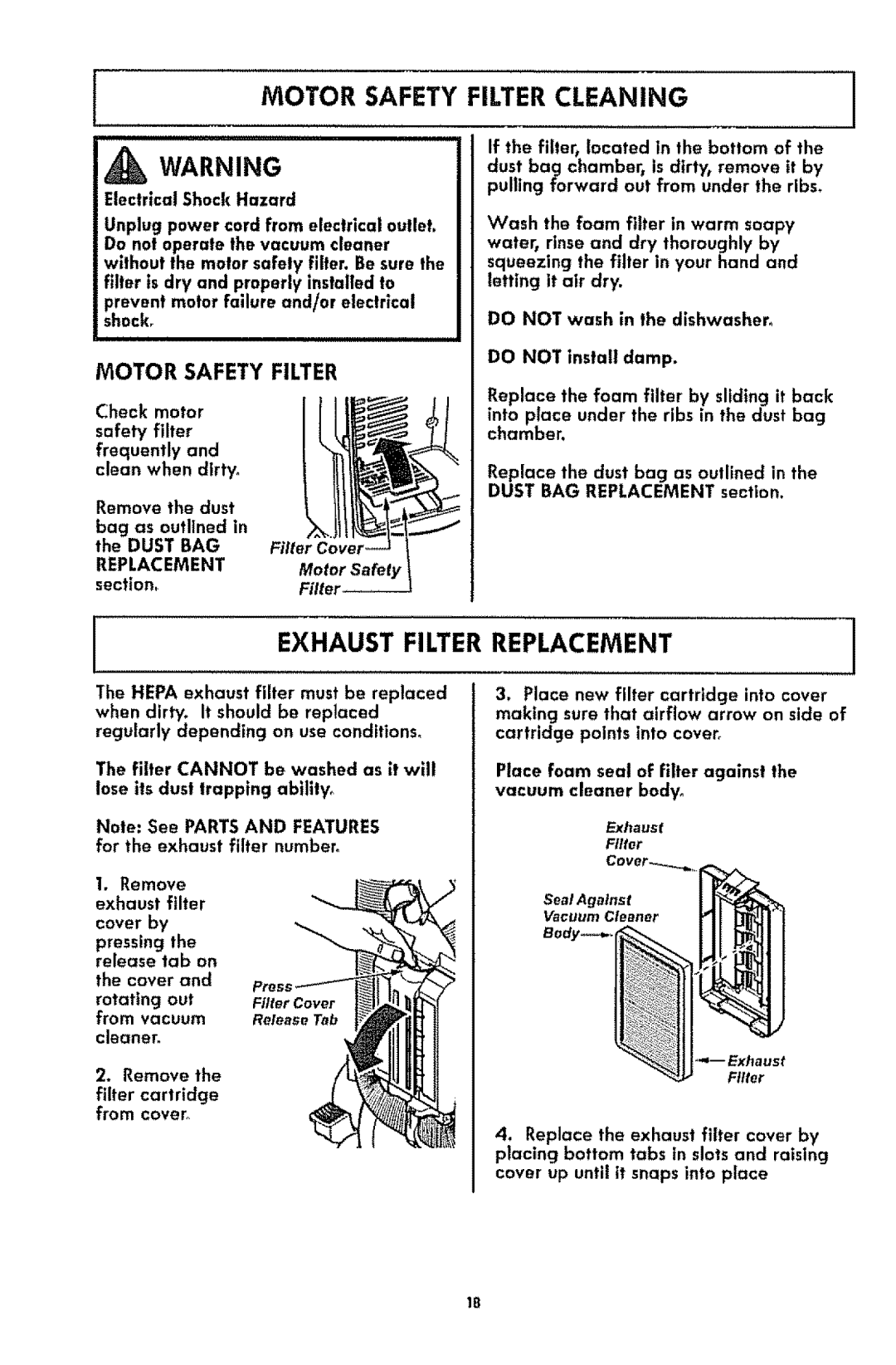 Kenmore 1T6.31100 manual Motor Safety Filter Cleaning, Exhaust Filter Replacement 