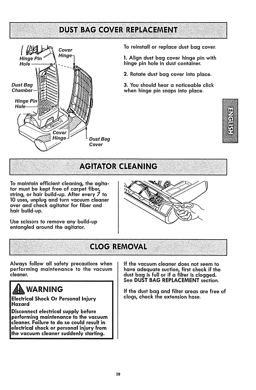 Kenmore 1T6.31100 manual To reinstall or replace dust bag cover, Hinge Dust Bag Chamber Hinge Pin, Dust Beg 