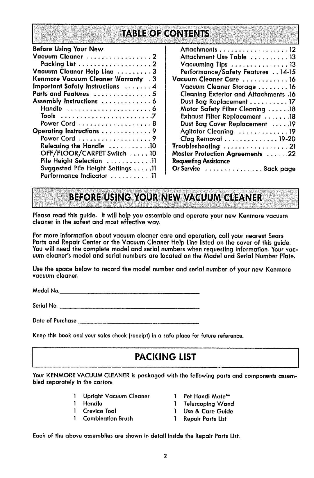 Kenmore 1T6.31100 manual Packing List, Selection 