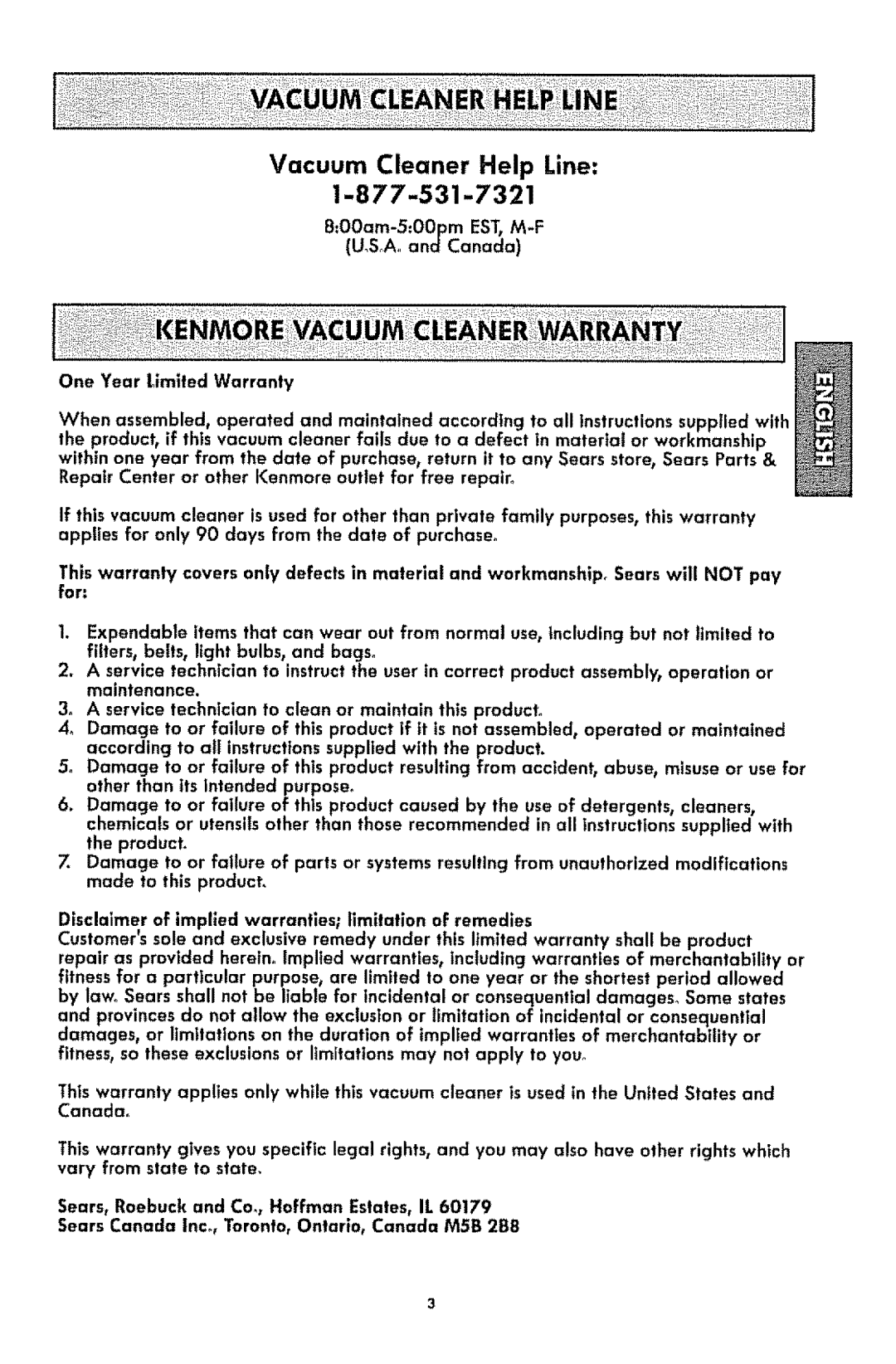 Kenmore 1T6.31100 manual Vacuum Cleaner Help Line 