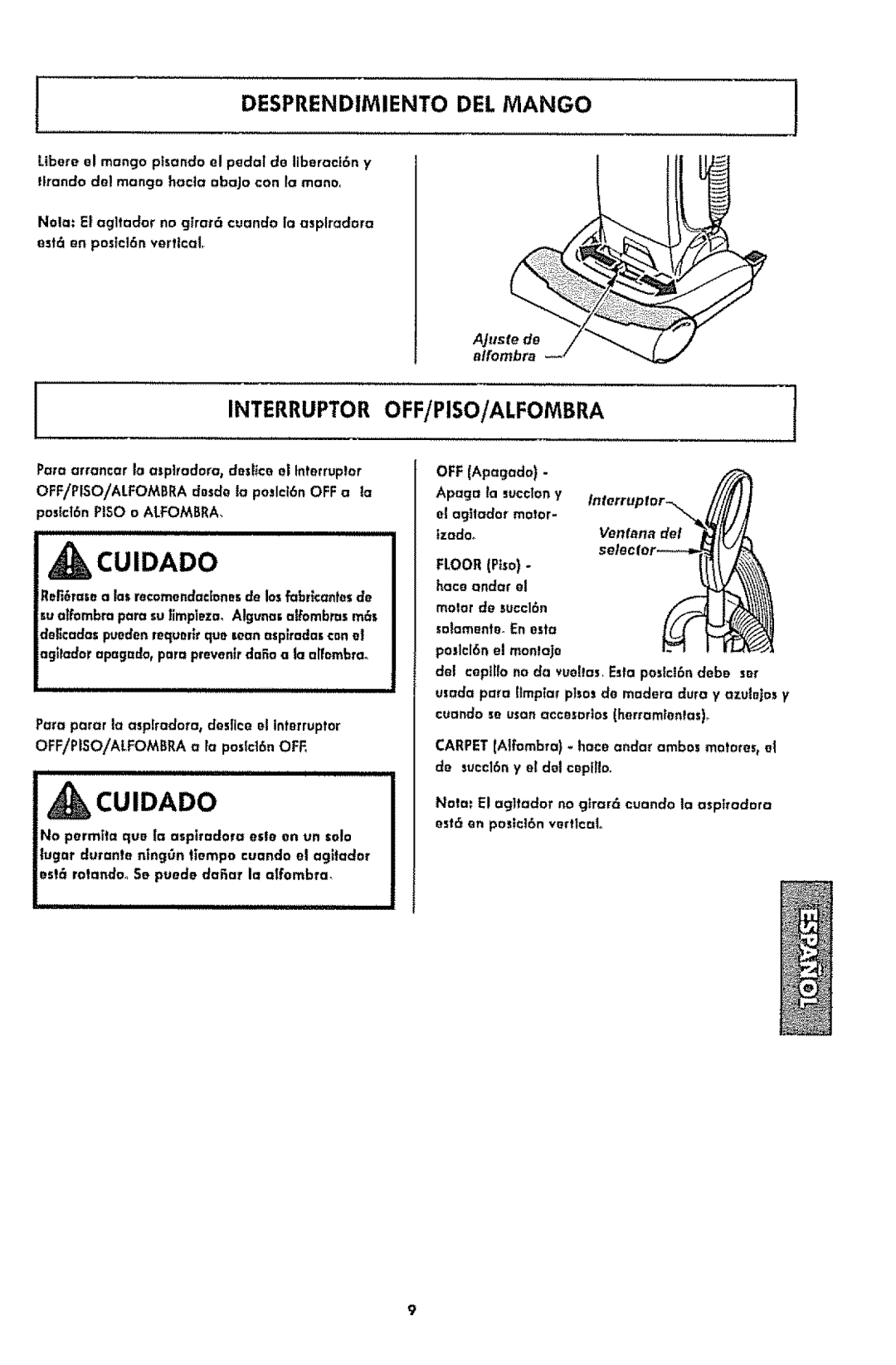 Kenmore 1T6.31100 manual Desprendimiento DEL Mango, Interrupter OFF/PISO/ALFOMBRA, Cuidado 