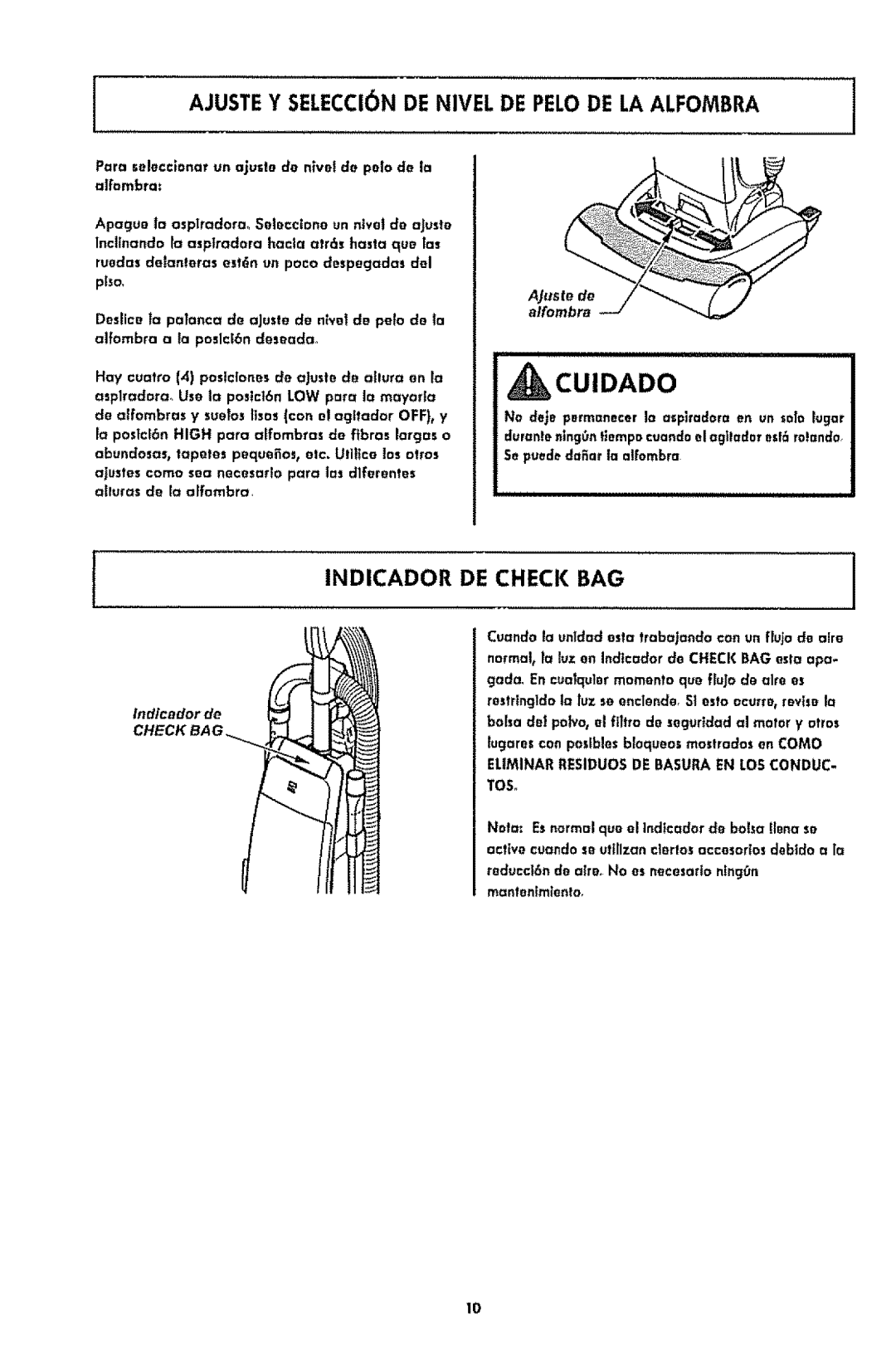 Kenmore 1T6.31100 manual Ajustey SELECCI6N DE Nivel DE Pelode LA Alfombra, Indicador DE Check BAG 