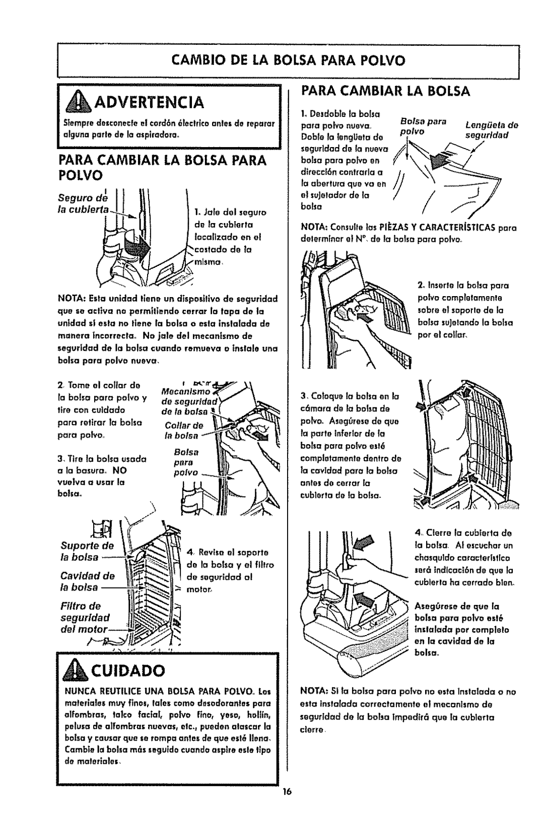 Kenmore 1T6.31100 manual Cambio DE LA Balsa Para Polvo Para Cambiar LA Balsa, Para Cambiar LA Balsa Para 