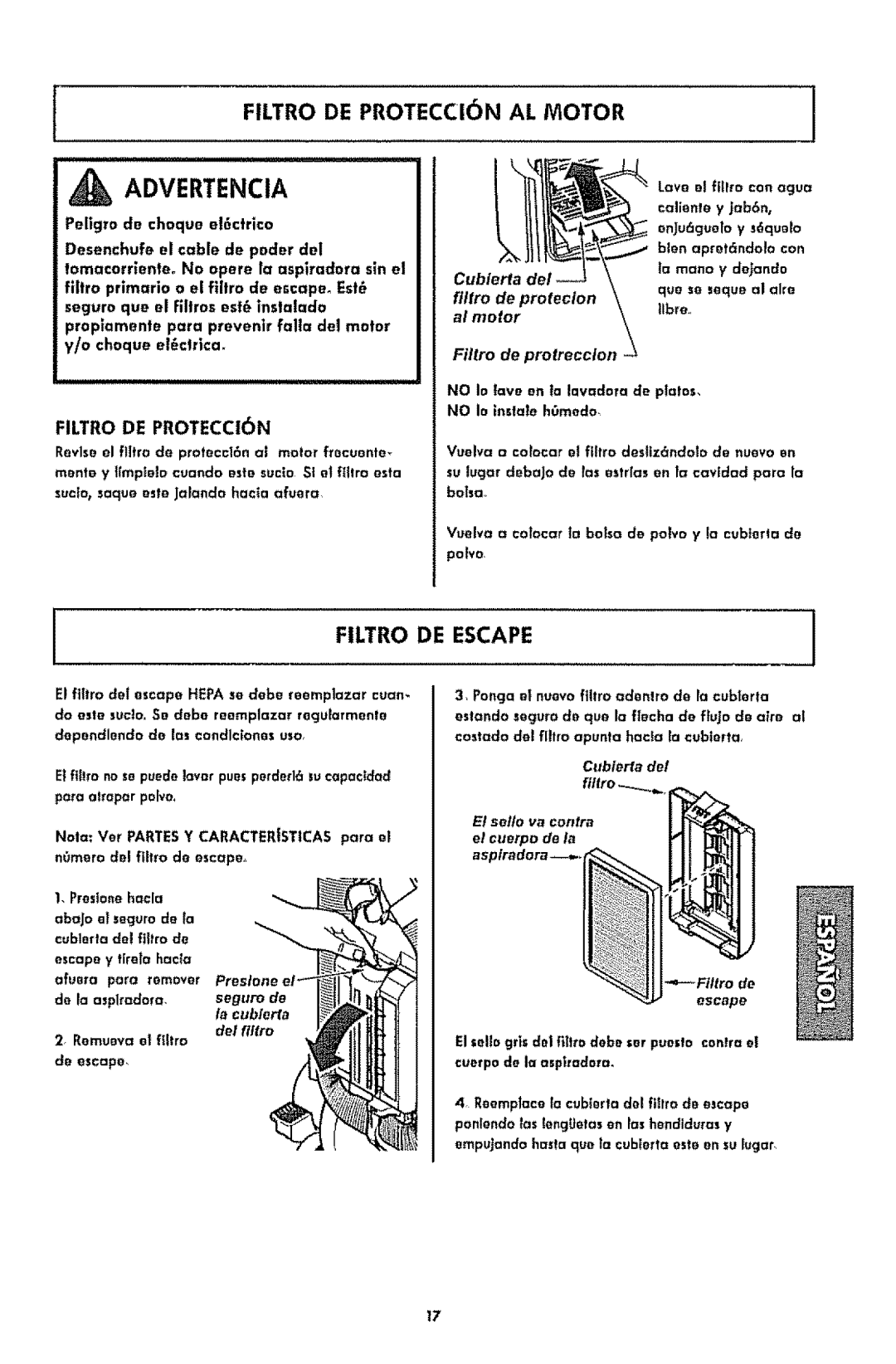 Kenmore 1T6.31100 manual Filtro DE PROTECCI6N AL Motor, Filtro DE Escape, Cubierfa Filtro de proteclon al motor 