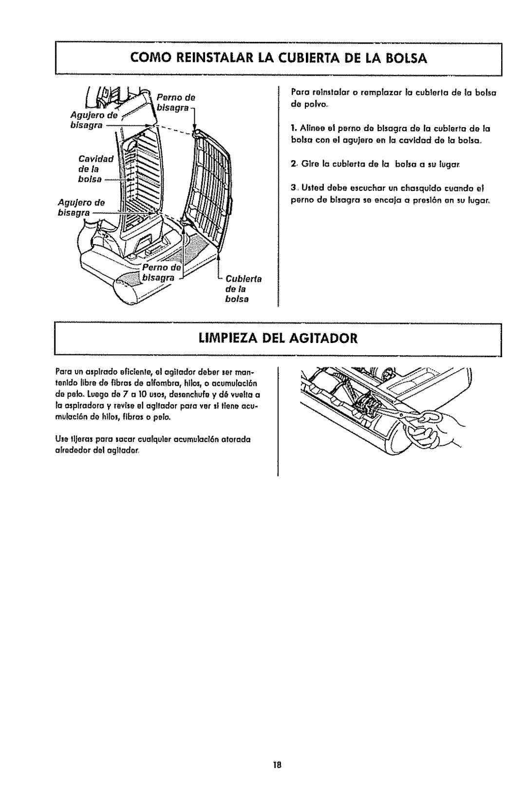 Kenmore 1T6.31100 manual Como Reinstalar LA Cubierta DE LA Bolsa, Linipieza DEL Agitador, Cublerte de la bolsB 