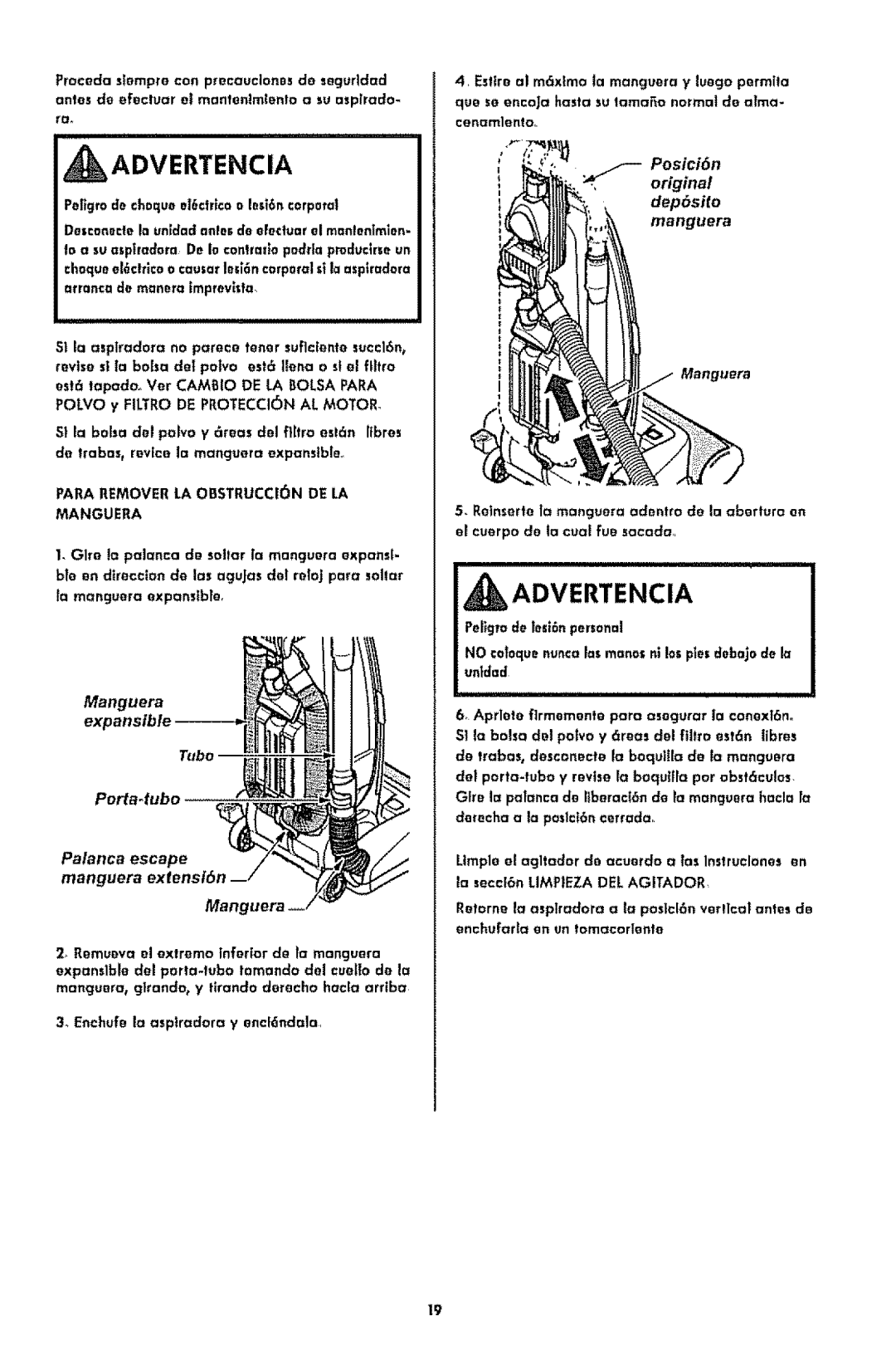 Kenmore 1T6.31100 manual Manguera ext, Palanca escape manguera extension Manguera, Posici6n original dep6sito manguera 