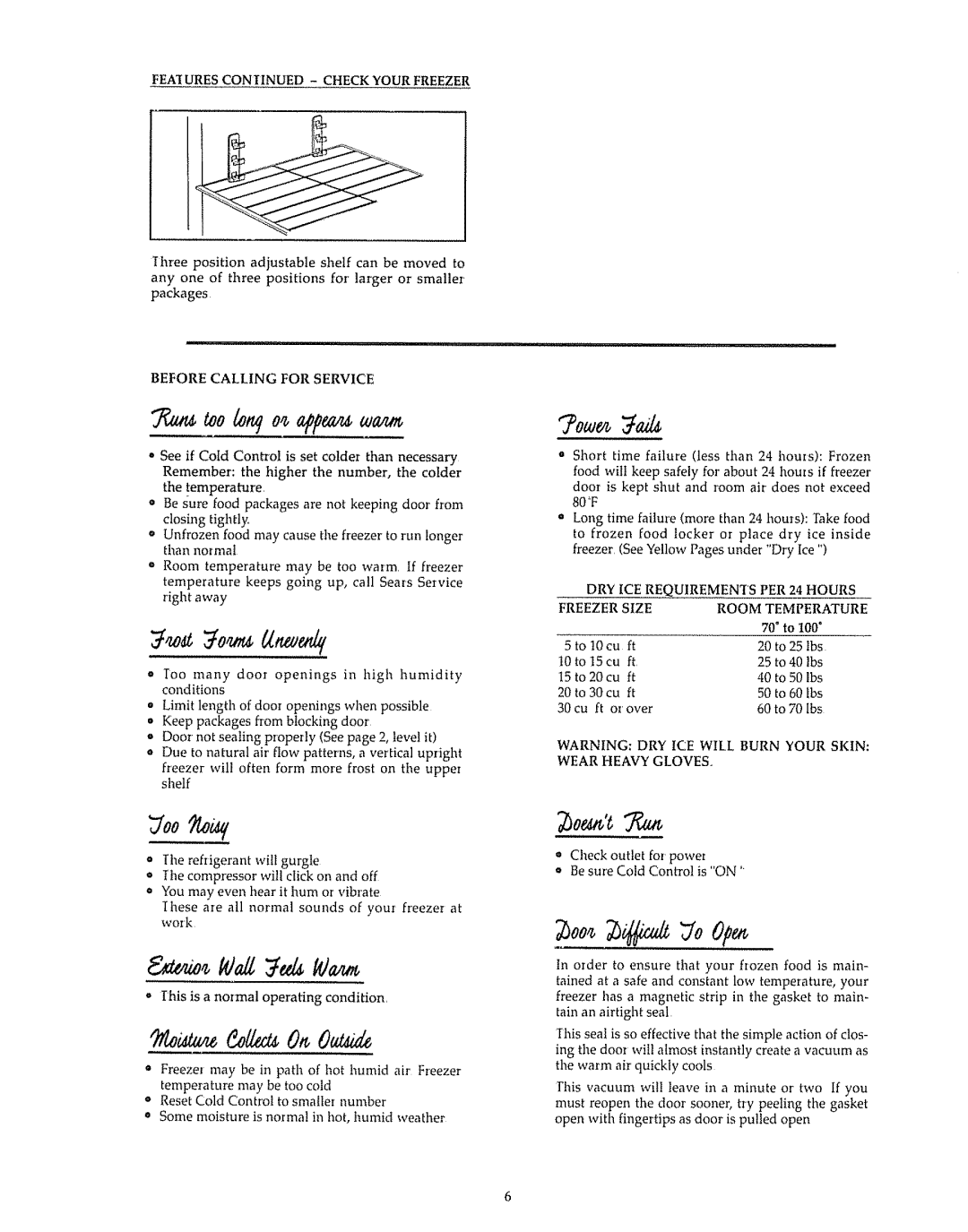 Kenmore 20938 owner manual Before Calling for Service, DRY ICE Requiremenis PER, Freezer Size, 70 to, Tbs 