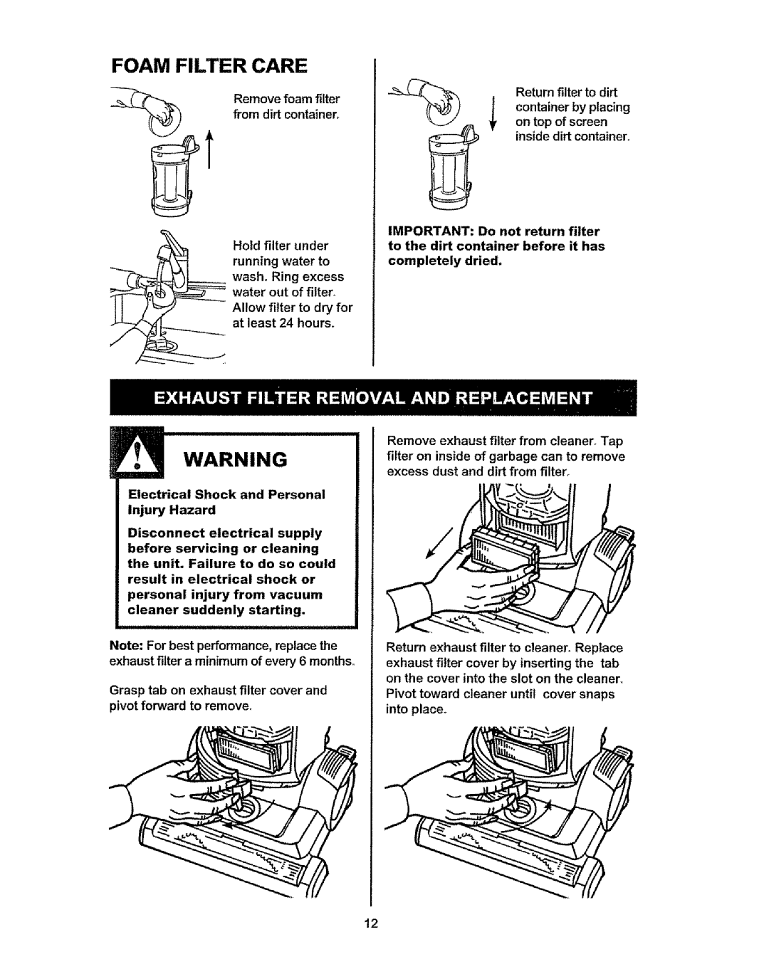 Kenmore 216.31701, 216.3701 owner manual Foam Filter Care 