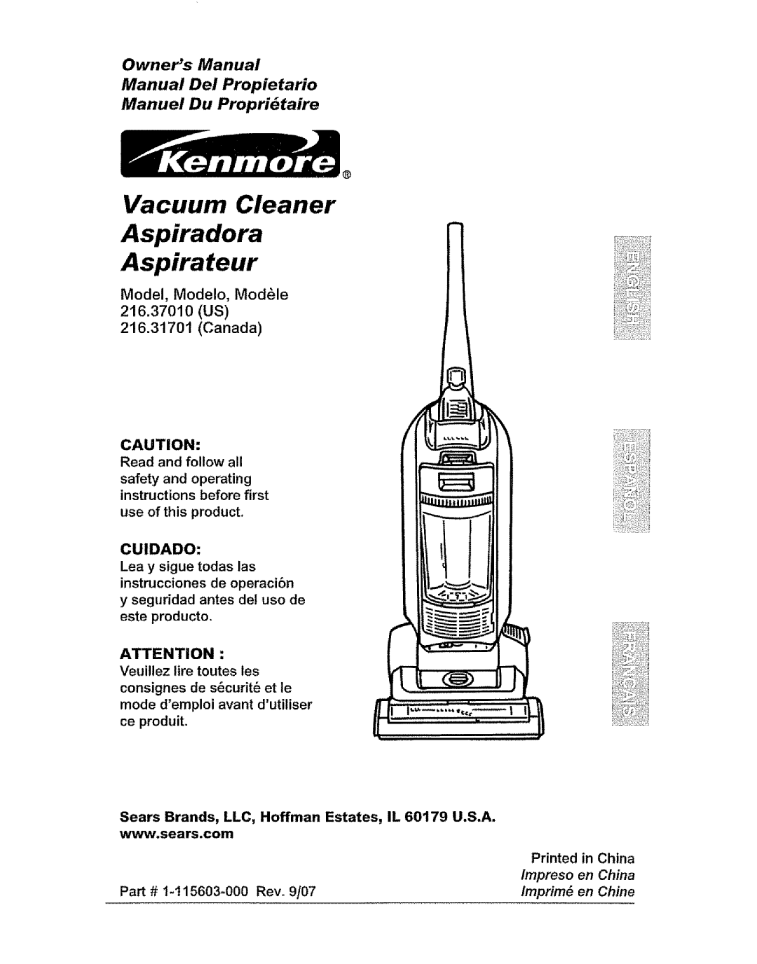 Kenmore 216.3701 owner manual Vacuum Cleaner Aspiradora Aspirateur, Manuel Du Propri taire, Model, Modelo, ModUle 