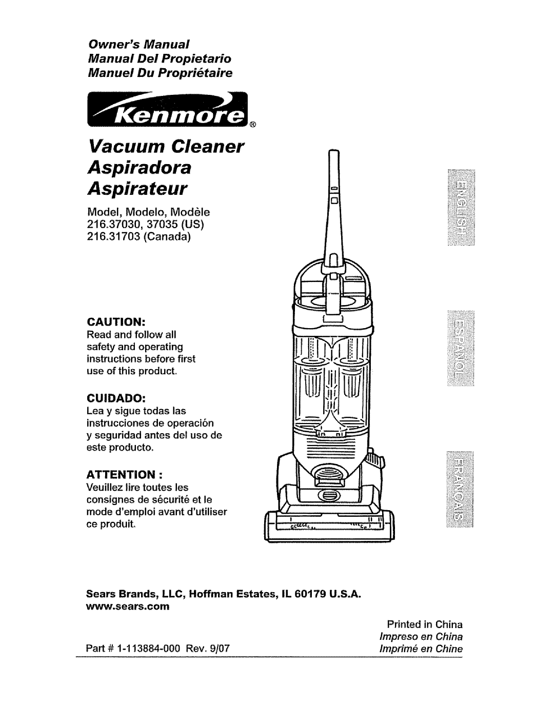 Kenmore 37035, 216.31703, 216.3703 owner manual Vacuum Cleaner Aspiradora Aspirateur 