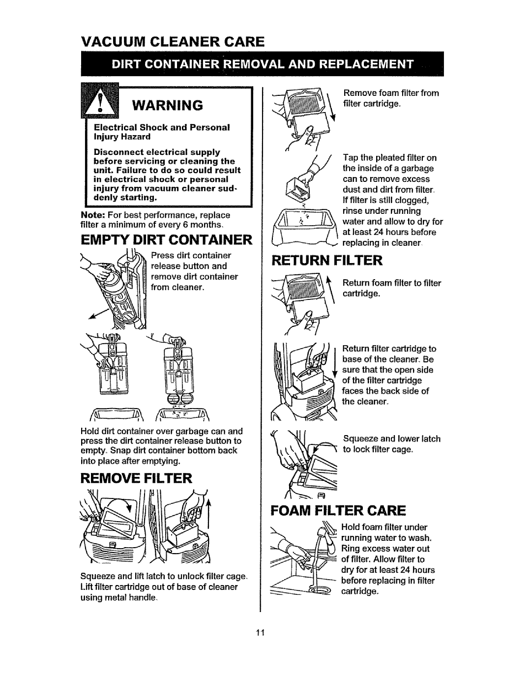 Kenmore 216.3703, 216.31703 Vacuum Cleaner Care, Empty Dirt Container, Remove Filter, Return Filter, Foam Filter Care 