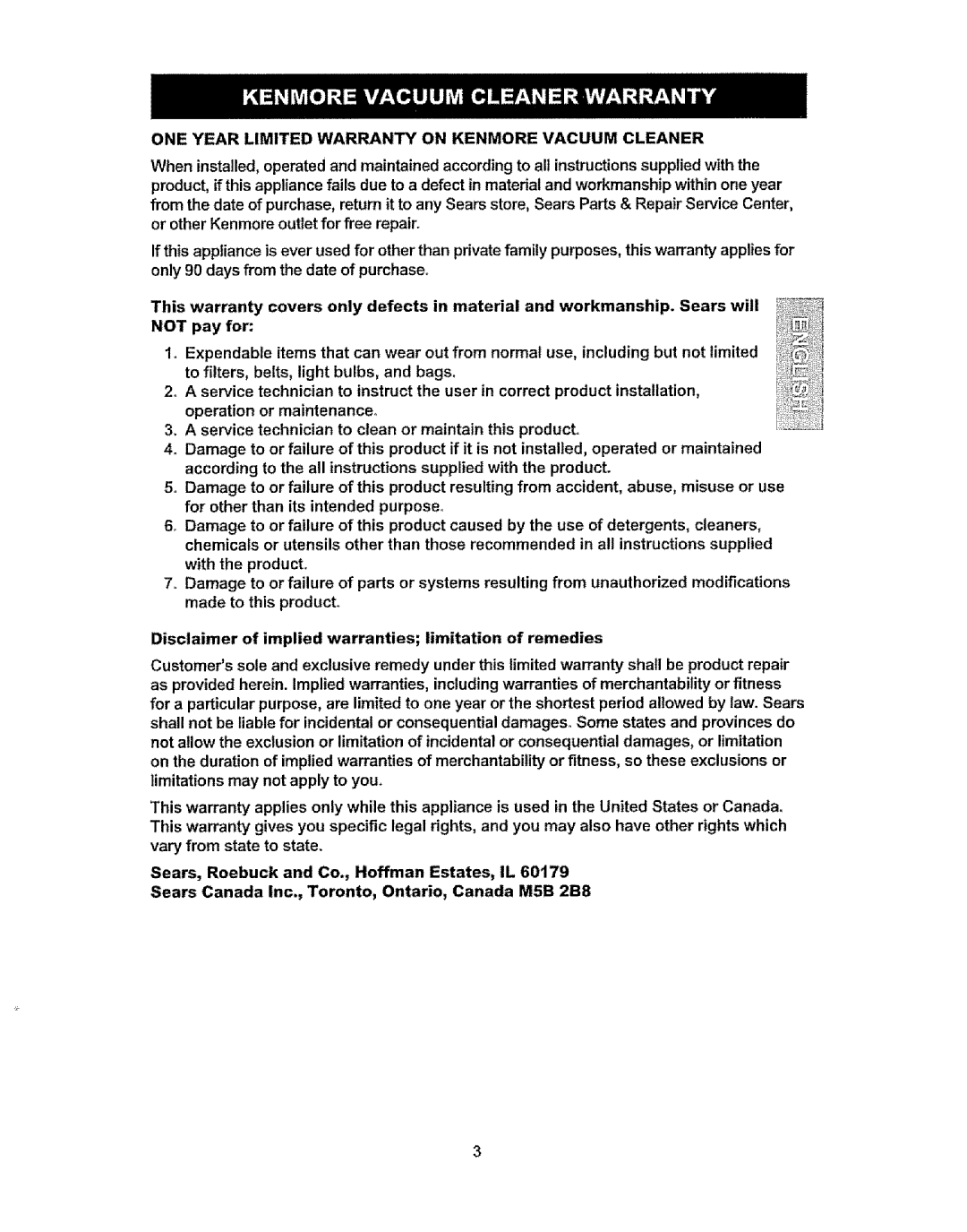 Kenmore 216.31703, 37035, 216.3703 owner manual ONE Year Limited Warranty on Kenmore Vacuum Cleaner 