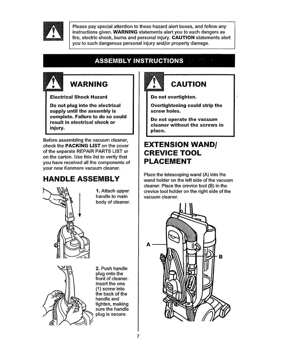 Kenmore 37035, 216.31703, 216.3703 owner manual Handle Assembly, Extension WAND/ Crevice Tool Placement 